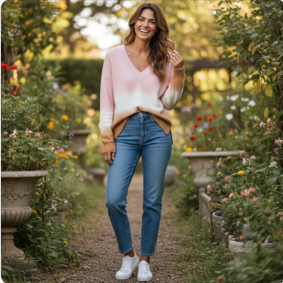Anthropologie Sweaters - Anthropologie Ombre V Neck Sweater Pink White Gold Long Sleeve Size Medium NWT
